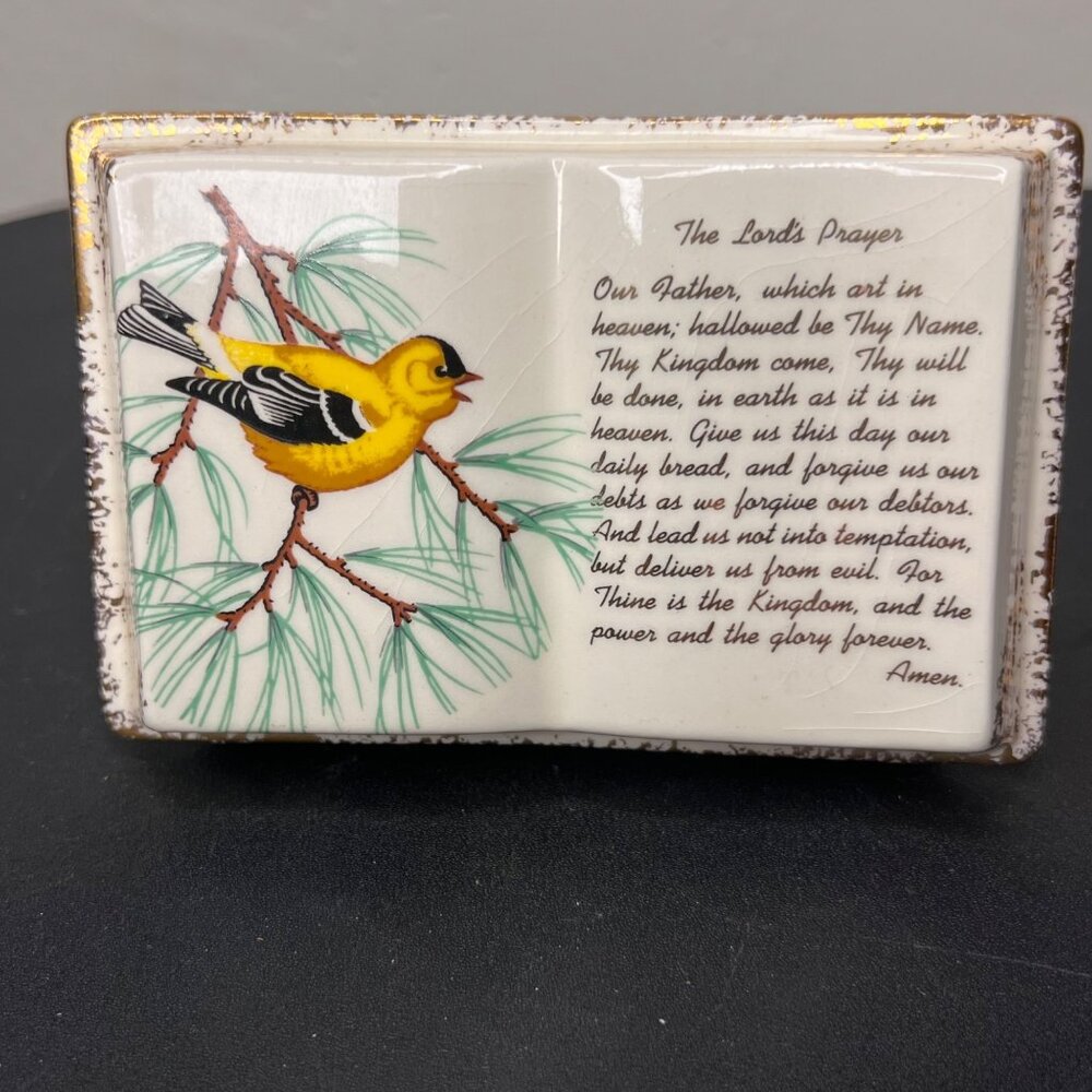 Mid-Century American Goldfinch Bird Lord's Prayer Book Ceramic Planter Vintage